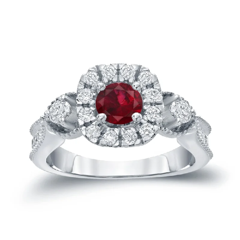 oval engagement rings-14k Gold Round 1/2ct Ruby and 1/2ct TDW Diamond Halo Engagement Ring