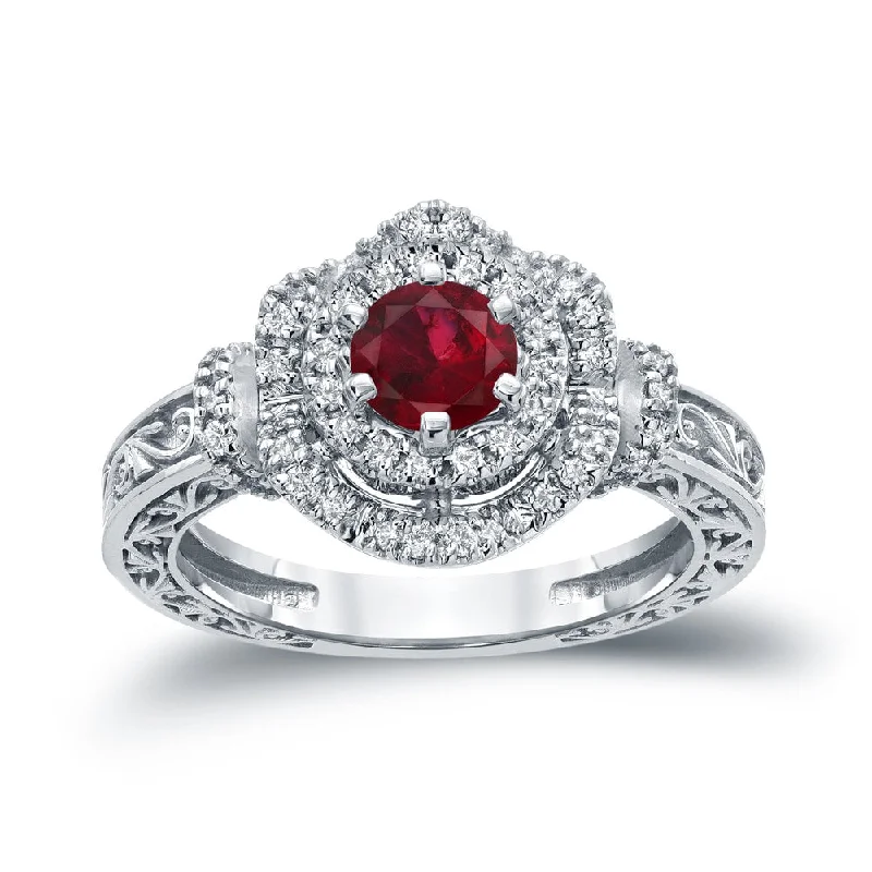 couples rings-14k Gold Round 3/4ct Ruby and 1/3ct TDW Diamond Engagement Ring