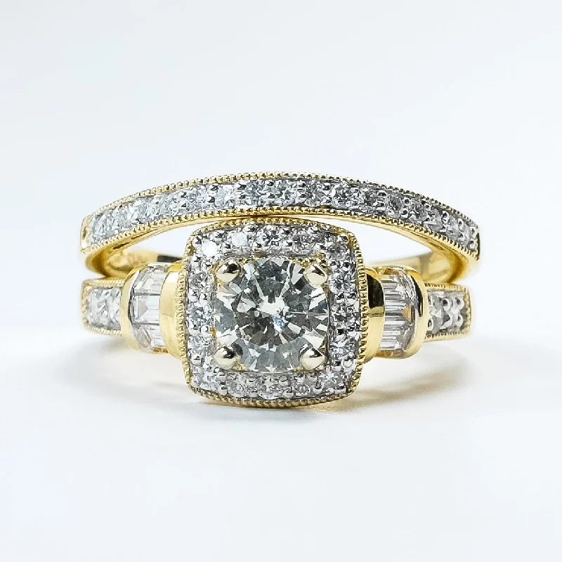 cubic zirconia rings-14K Yellow Gold GIA 1.09ctw Round Brilliant Diamond SI2/N Halo Bridal Set