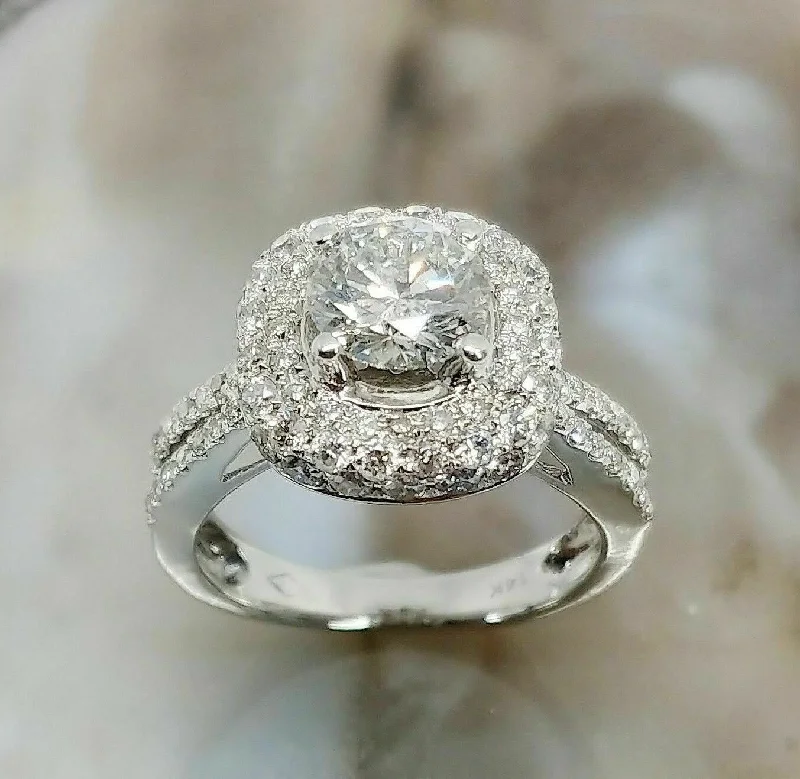 white gold engagement rings-2.07 Carats t.w. Puffed Halo Diamond Engagement Ring Center 0.96 Carat 14K White