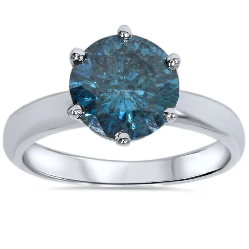 women’s chunky rings-2ct Blue Diamond Solitaire Engagement Ring 14K White Gold