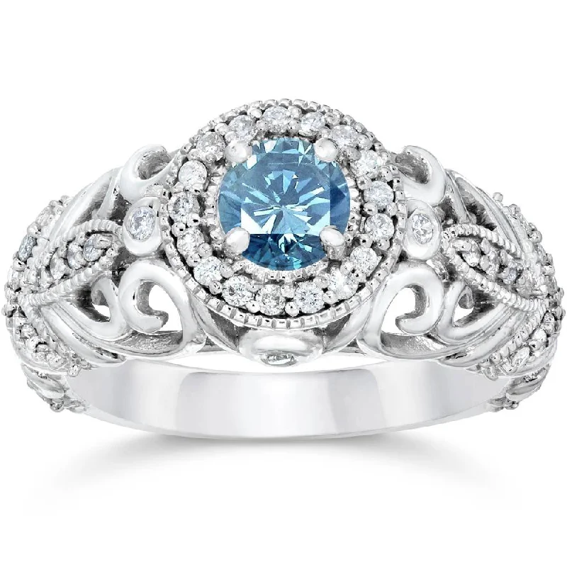 diamond engagement rings for women-3/4ct Blue & White Diamond Vintage Halo Engagement Ring 14K White Gold