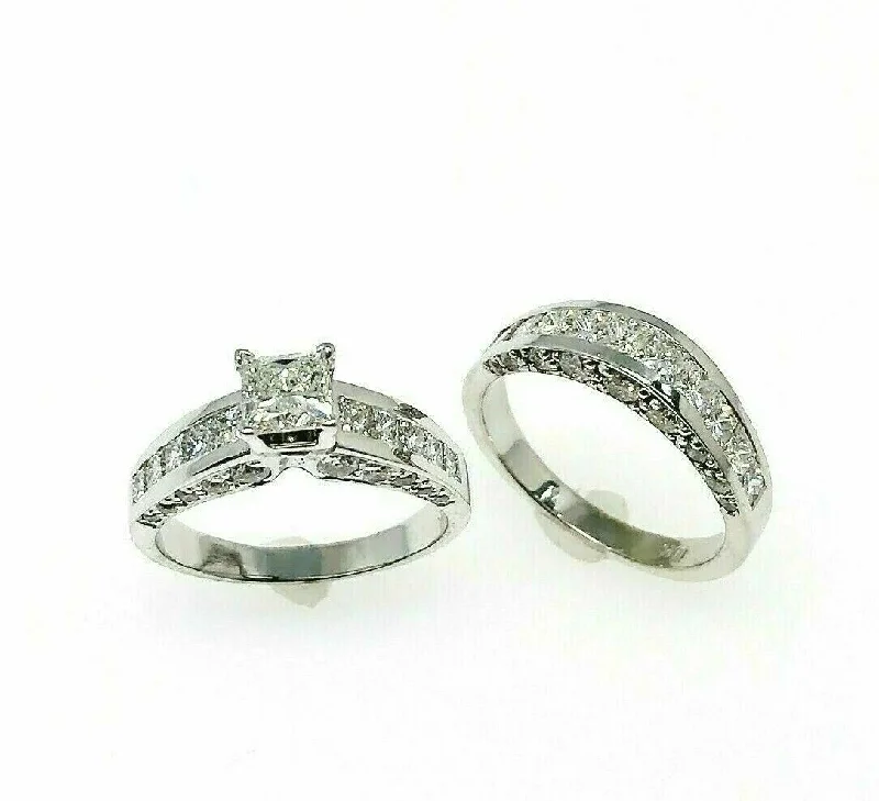 stackable wedding rings-3.75 Carats t.w. Diamond 3 Sided Princess Cuts Wedding Set 0.75 Carat Center 14K