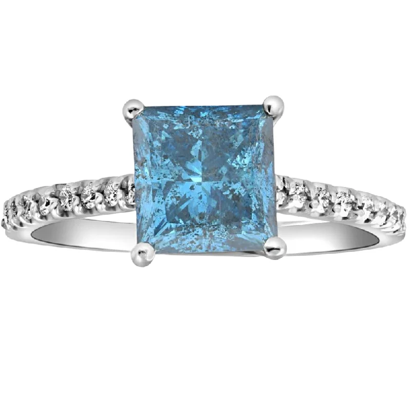 engagement rings with side stones-3Ct Blue Princess Cut Diamond Engagement Ring in 14k White Gold