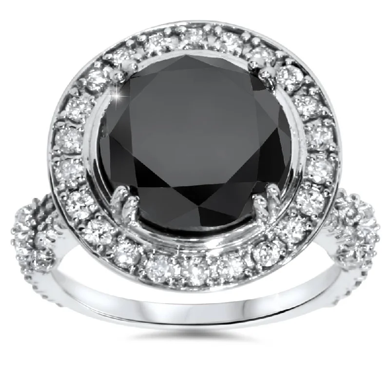 luxury fashion rings-6ct Treated Black Diamond Halo Vintage Engagement Ring 14K White Gold