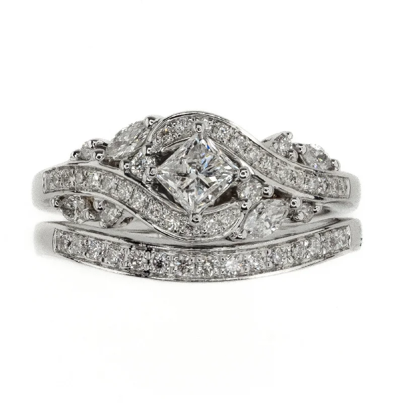 high-quality silver rings-Adriana Papell 0.96ctw Multi Diamond Wedding Set in 14K White Gold Size 7