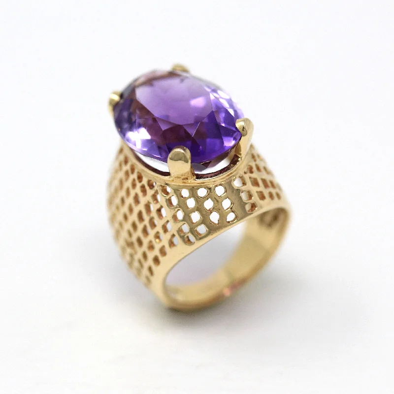 fashion rings for wedding-Sale - Amethyst Cocktail Ring - Retro 14k Yellow Gold Oval Cut 9.56 CT Purple Gem - Vintage Circa 1970s Era Size 4.5 Statement Fine Jewelry