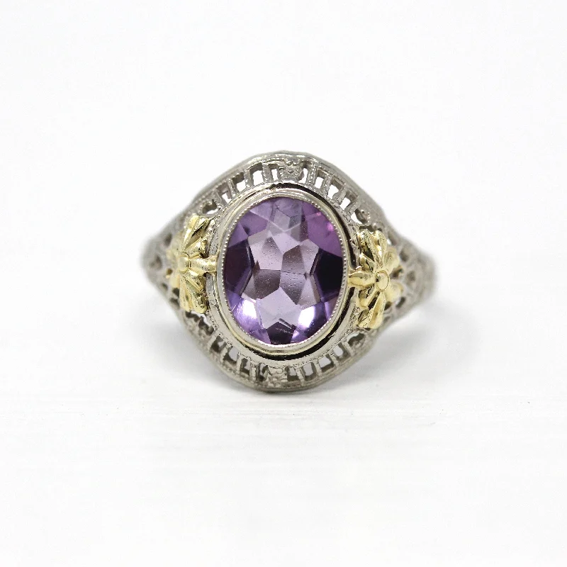 men’s signet rings-Sale - Amethyst Filigree Ring - Art Deco Era 14k White Gold Genuine 1.24 CT Purple Oval Gem - Circa 1930s Size 6 Statement February Jewelry