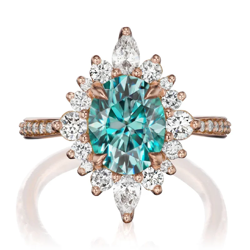 cubic zirconia wedding rings-・ANIKA・Oval Aqua-Teal Iconic™ Moissanite Center, Diamond Halo (2.75ctw+)