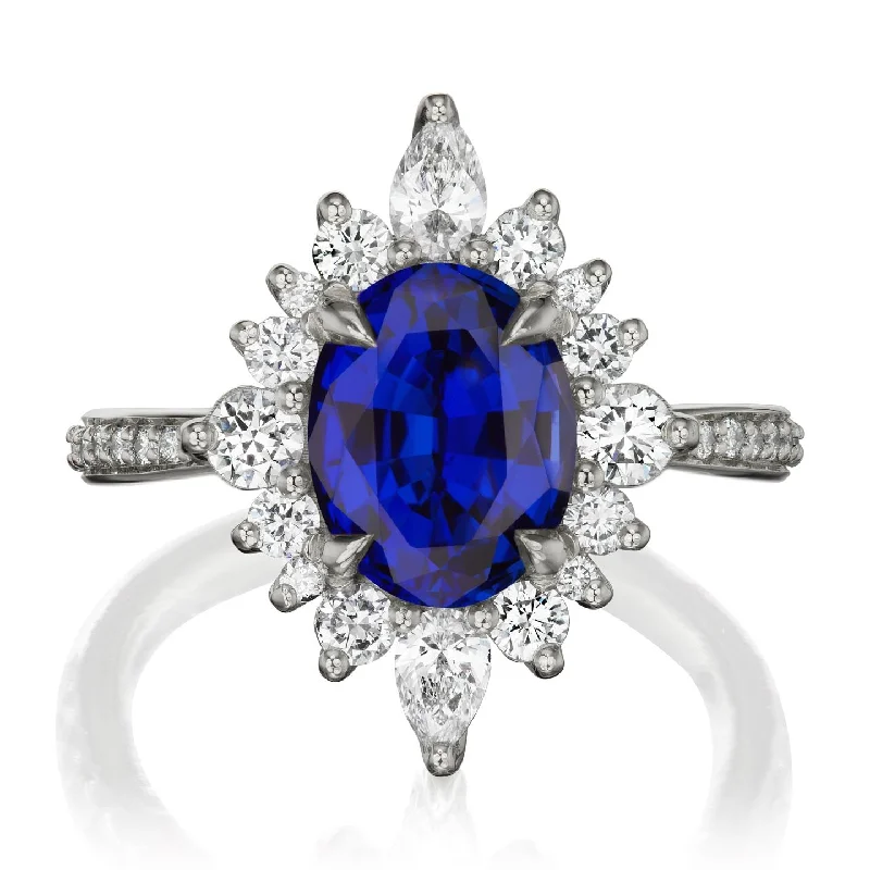 solitaire rings for women-・ANIKA・Oval Blue Sapphire Center, Diamond Halo (3.35ctw+)