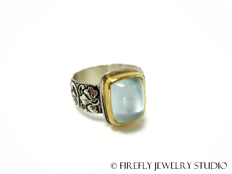 gold rings with sapphires-Aquamarine Ring in 24k Yellow Gold and Sterling. Size 8