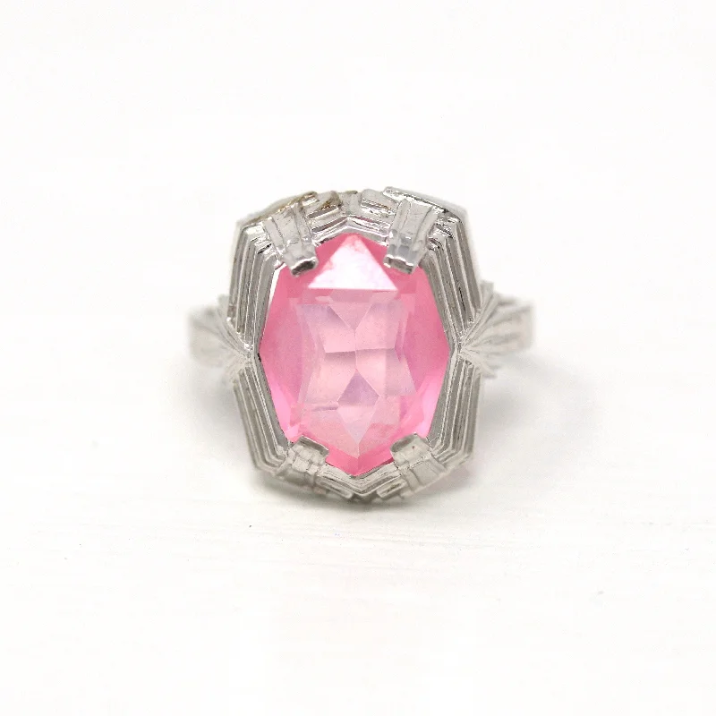 gold rings with diamonds-Sale - Art Deco Ring - Vintage 10k White Gold Fancy Cut Pink Glass Stone Simulated Sapphire - Circa 1930s Era Size 4 1/4 Cocktail Jewelry