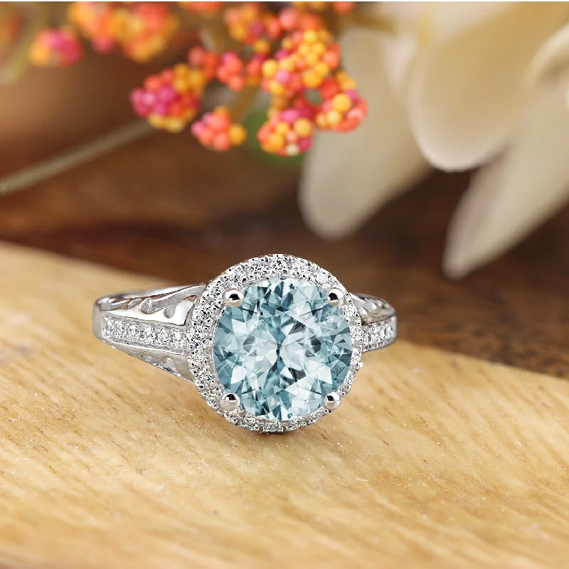 gemstone rings for women-Auriya 1 1/2ct Fancy Round Aquamarine and Halo Diamond Engagement Ring 1/5ctw 14k Gold