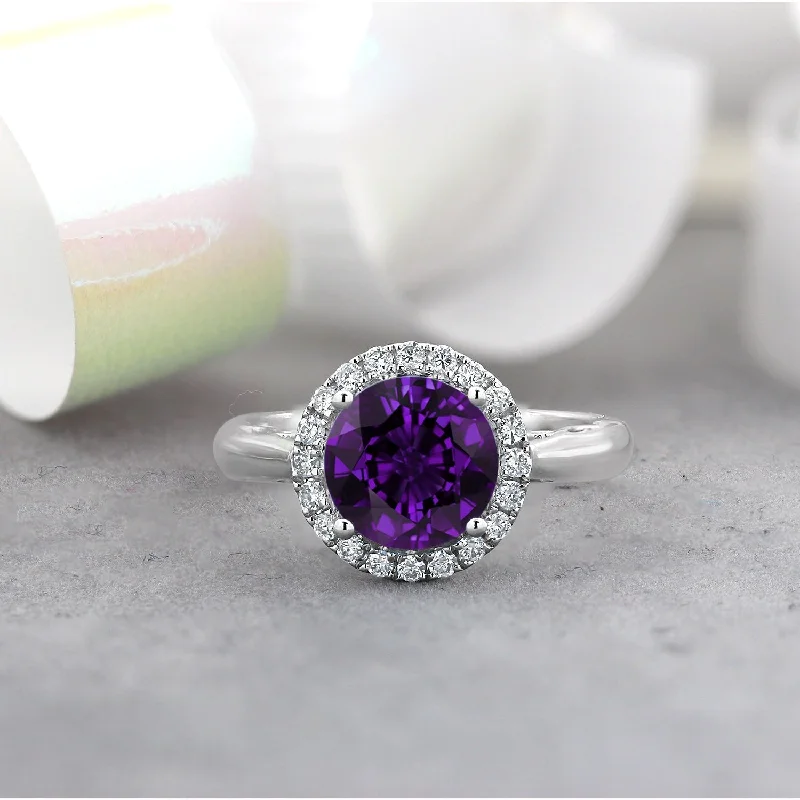 wedding bands for couples-Auriya 1 1/2ct Round Purple Amethyst and Halo Diamond Engagement Ring 1/4ctw 14k Gold