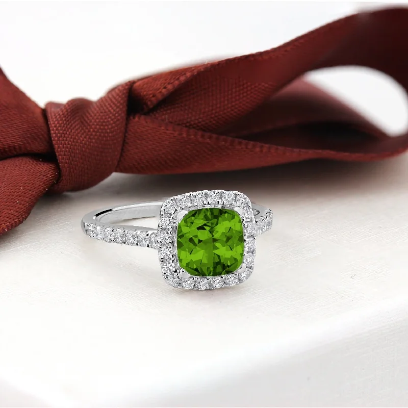 custom made rings-Auriya 1 1/4ct Cushion-cut Peridot and Halo Diamond Engagement Ring 1/2cttw 14k Gold