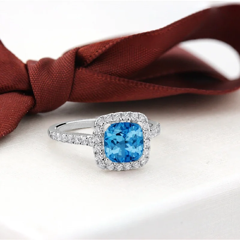 elegant engagement rings-Auriya 1 1/4ct Cushion-cut Swiss Blue Topaz and Halo Diamond Engagement Ring 1/2cttw 14k Gold