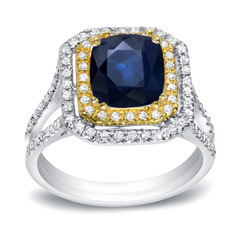 cubic zirconia rings-Auriya 14k Gold 1 1/3ct Cushion-cut Sapphire and Halo Diamond Engagement Ring 2/5ctw 14k Two-Tone Gold