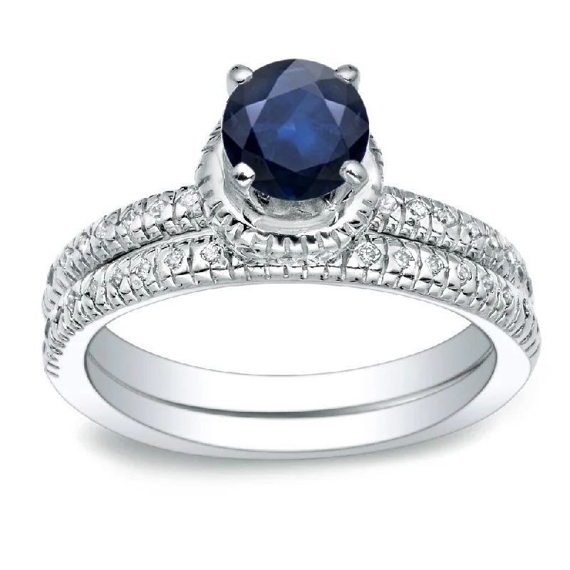 diamond band rings-Auriya 14k Gold 3/4ct Round Blue Sapphire and 1/4ctw Diamond Engagement Ring Set