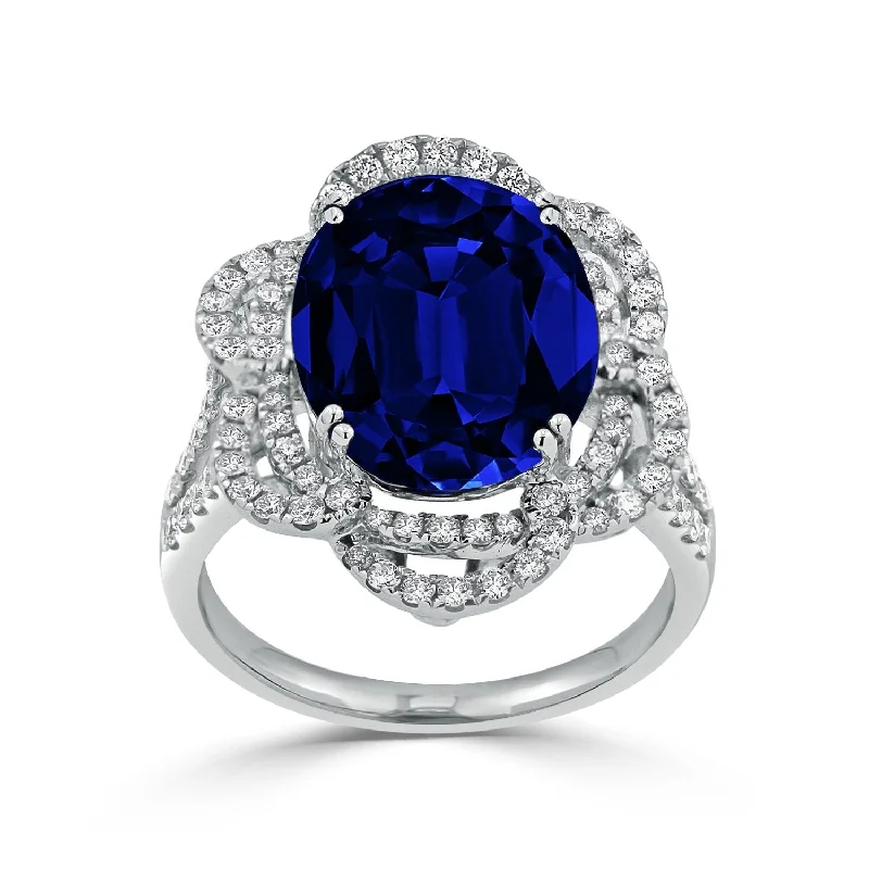 art deco engagement rings-Auriya 18k Gold 8 1/2ct Oval Blue Sapphire Halo Diamond Engagement Ring 3/4ct TDW