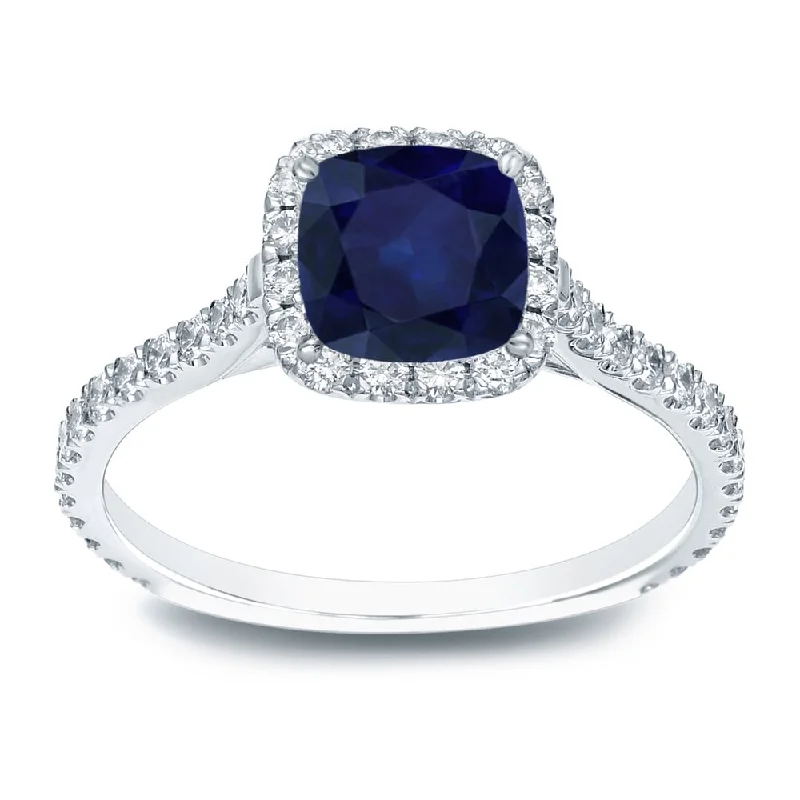 men’s diamond rings-Auriya 1ct Cushion Cut Blue Sapphire and 1/2ctw Halo Diamond Engagement Ring 14k Gold