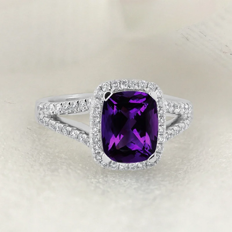 couples rings-Auriya 1ct Cushion-cut Purple Amethyst and Halo Diamond Engagement Ring 3/8cttw 14K Gold