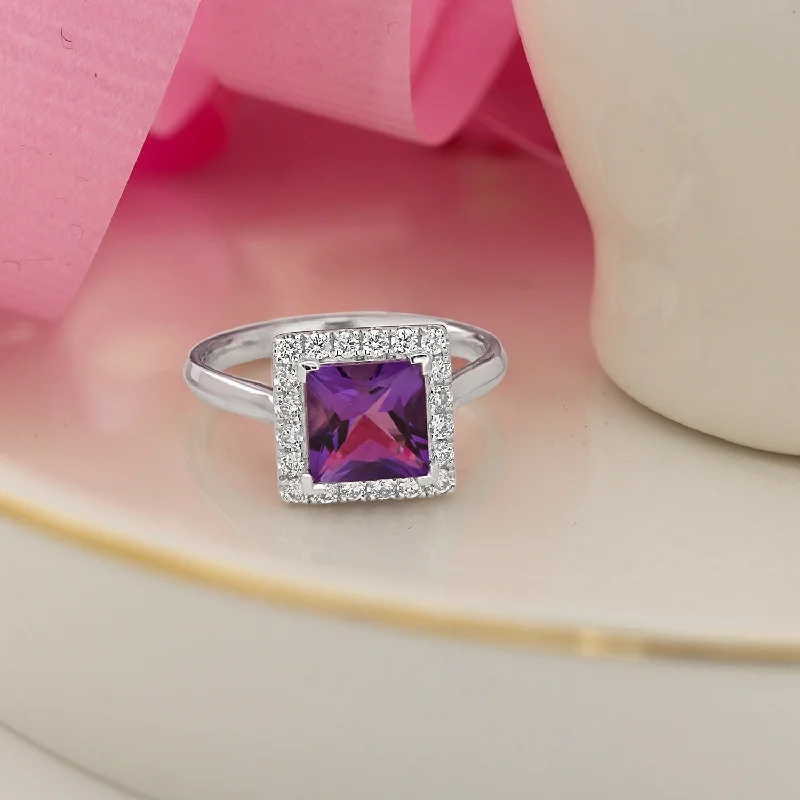 custom engraved rings-Auriya 1ct Princess-cut Purple Amethyst Halo Diamond Engagement Ring 1/3ctw 14k Gold