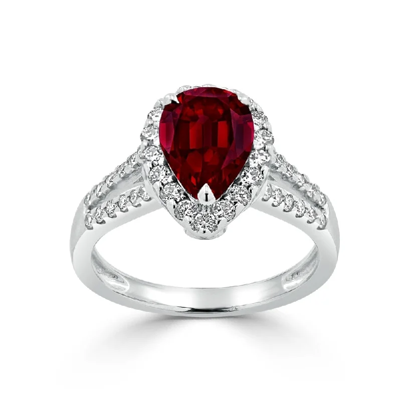 wedding rings with engraving-Auriya 2 1/5ct Pear Shape Red Ruby and Halo Diamond Ring 1/2ctw 18K Gold