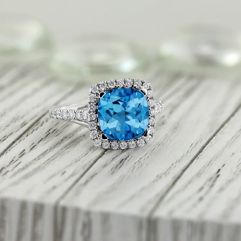 silver rings with gemstones-Auriya 2 3/4ct Cushion-cut Swiss Blue Topaz and Halo Diamond Engagement Ring 1/2cttw 14k Gold