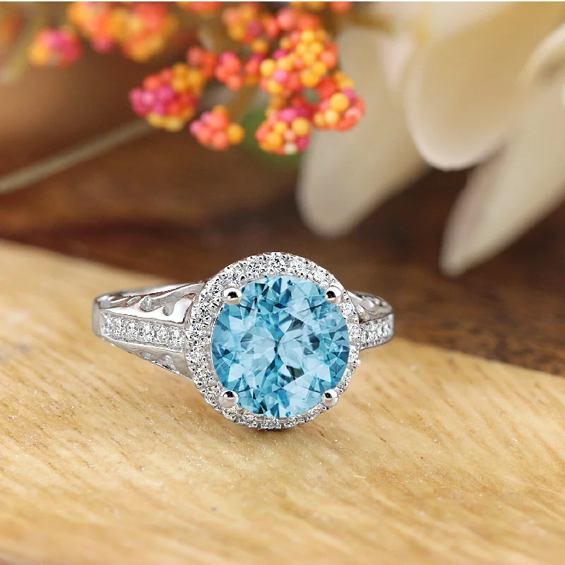 silver rings for men-Auriya 2 5/8ct Fancy Round Sky Blue Topaz and Halo Diamond Engagement Ring 1/5ctw 14k Gold