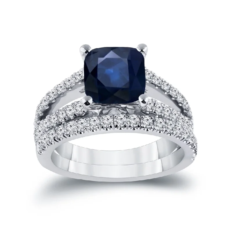 vintage rings for women-Auriya 2ct Cushion Cut Blue Sapphire and 3/4ctw Diamond Engagement Ring Set 14k Gold