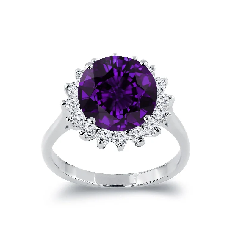 luxury wedding rings-Auriya 3 3/8ct Round Purple Amethyst Sunburst Halo Diamond Ring 5/8ctw 18K Gold