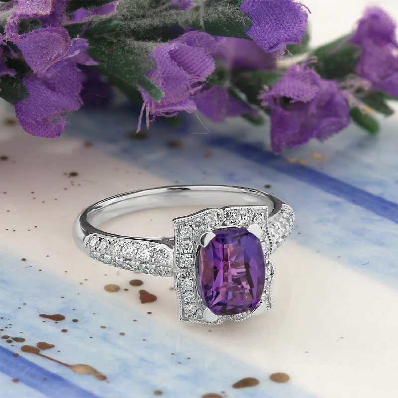 colorful gemstone rings-Auriya 3/4ct Fancy Cushion-cut Purple Amethyst Halo Diamond Engagement Ring 1/3ctw 14k Gold