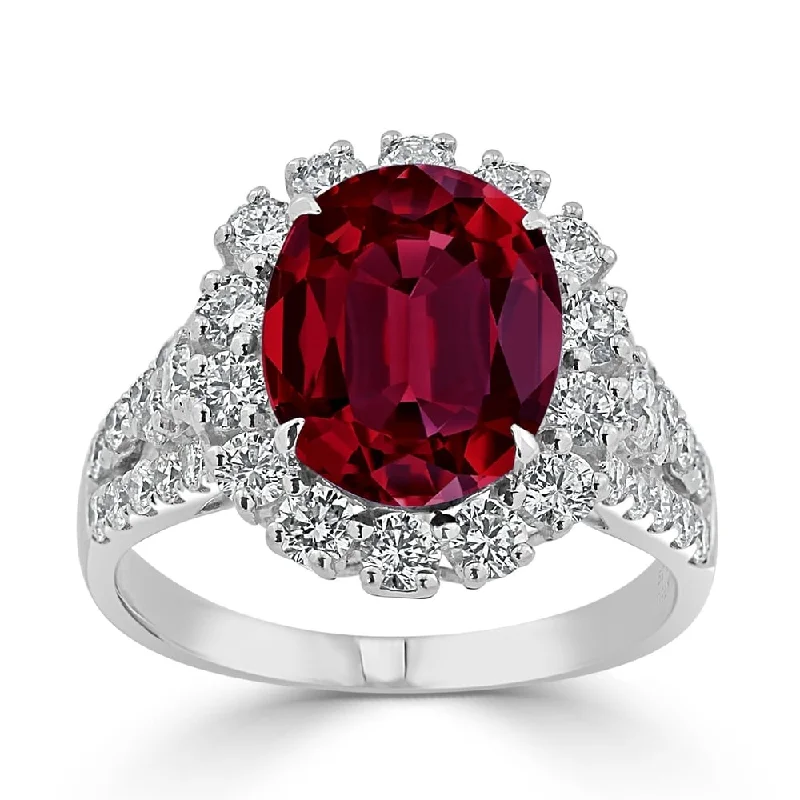 silver rings with gemstones-Auriya 4 7/8ct Oval-cut Red Ruby and Halo Diamond Ring 7/8ctw 18K Gold