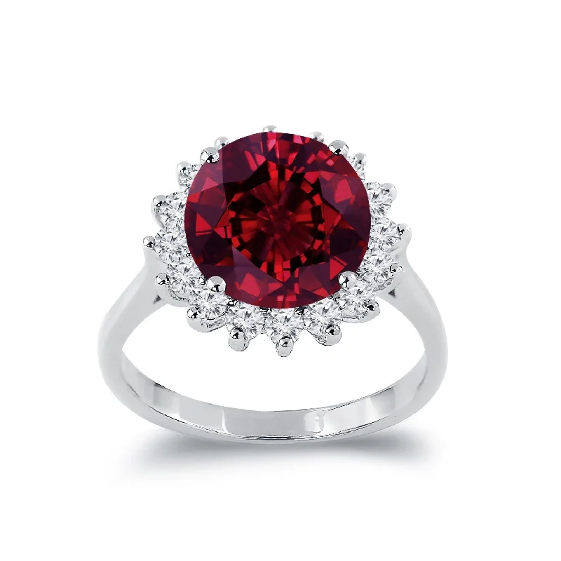 luxury engagement rings-Auriya 5 3/8ct Round Red Ruby Sunburst Halo Diamond Ring 5/8ctw 18K Gold