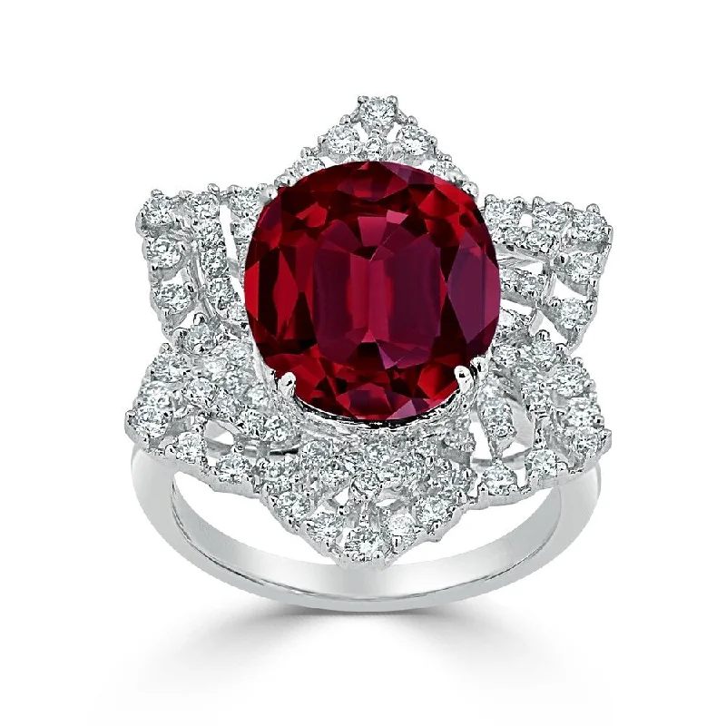 custom engraved rings-Auriya 8 1/3ct Oval Red Ruby and 9/10ctw Starburst Halo Diamond Ring 18K Gold