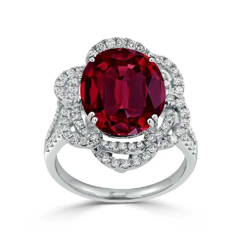 art deco engagement rings-Auriya 9 1/4ct Oval Red Ruby Halo Diamond Engagement Ring 3/4cttw 18K Gold