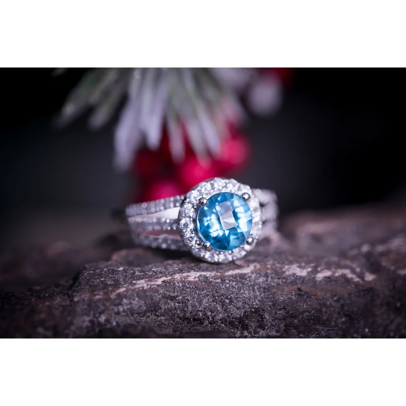 couples rings-Auriya Modern 1 3/8ct Sky Blue Topaz and Halo Diamond Engagement Ring 1/2cttw 14k Gold