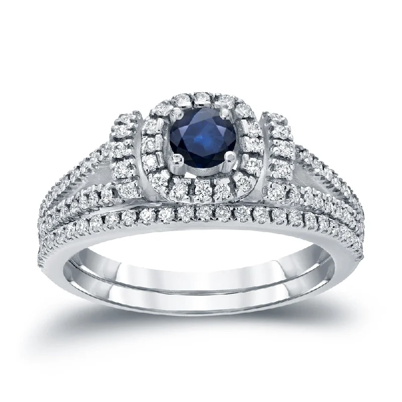 silver ring sets for women-Auriya Modern 1/5ct Blue Sapphire and 1/2ctw Halo Diamond Engagement Ring Set 14kt Gold