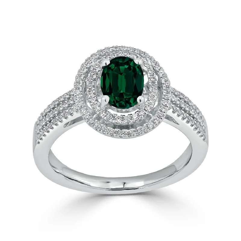 men’s gold rings-Auriya Modern 3/4ct Oval Emerald and Halo Diamond Ring 1/4cttw 18K Gold