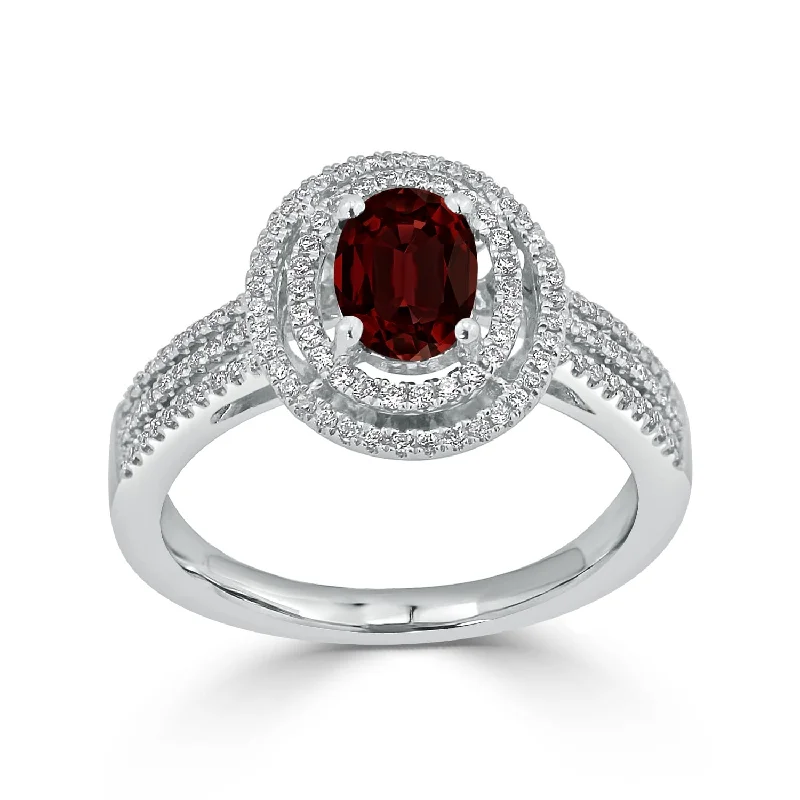 diamond eternity bands-Auriya Modern 7/8ct Oval Red Garnet and Halo Diamond Ring 1/4cttw 18K Gold