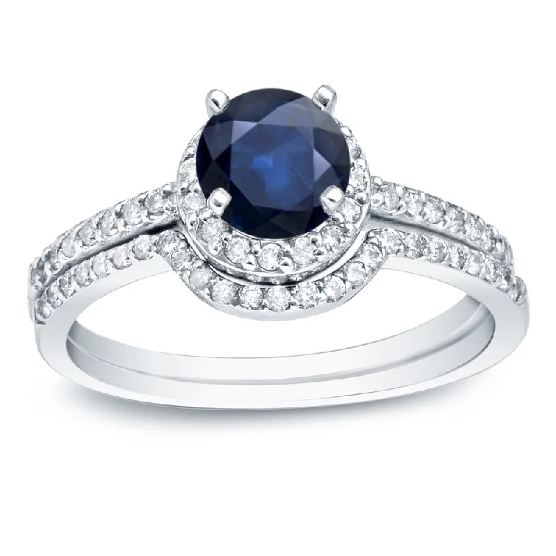 sterling silver rings-Auriya Platinum 3/5ct Blue Sapphire and 2/5ct TDW Round Halo Diamond Engagement Ring Set