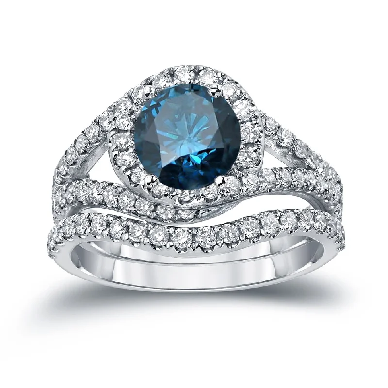 elegant engagement rings-Auriya Round 1 7/8ctw Blue Halo Diamond Engagement Ring Set 14k Gold