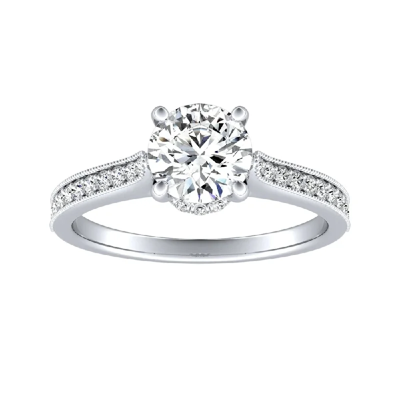 silver promise rings-Auriya Round 14k Gold 1ct Moissanite and 1/5ct TDW Diamond Vintage Inspired Engagement Ring