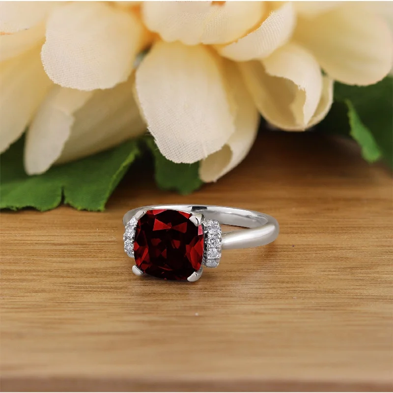 solitaire rings for women-Auriya Unique 3 3/8ct Cushion-cut Garnet and Diamond Engagement Ring 1/5cttw 14k Gold