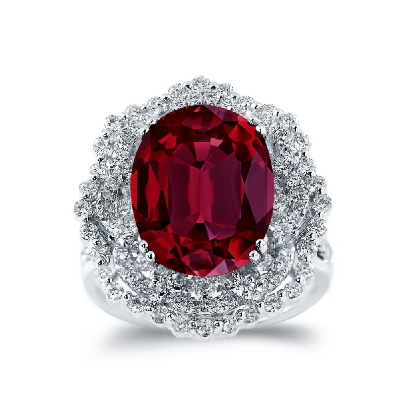 men’s wedding rings with diamonds-Auriya Unique 9 1/4ct Oval Red Ruby Halo Diamond Ring 1 1/3ctw 18K Gold