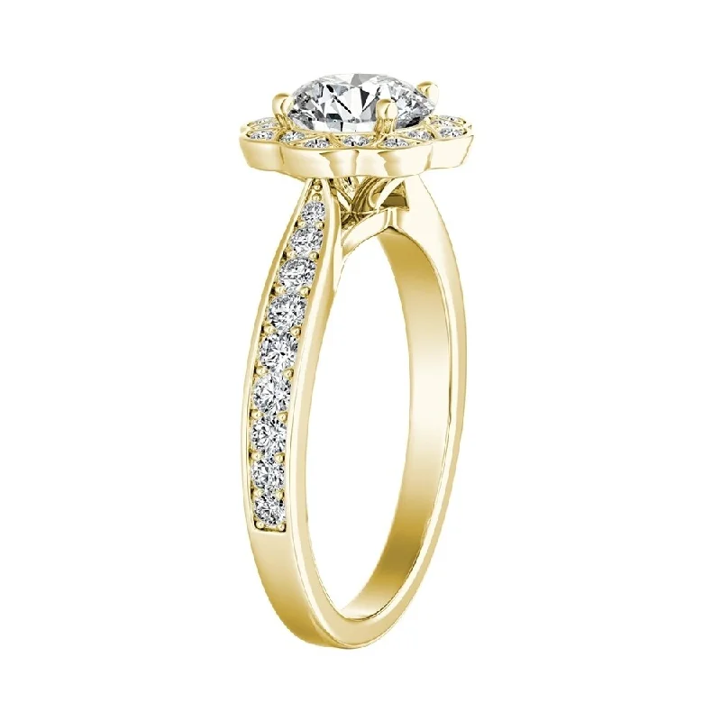 antique-style rings-Auriya Vintage 1 1/2ct Round Moissanite and 1/3ctw Halo Diamond Engagement Ring 14K Gold