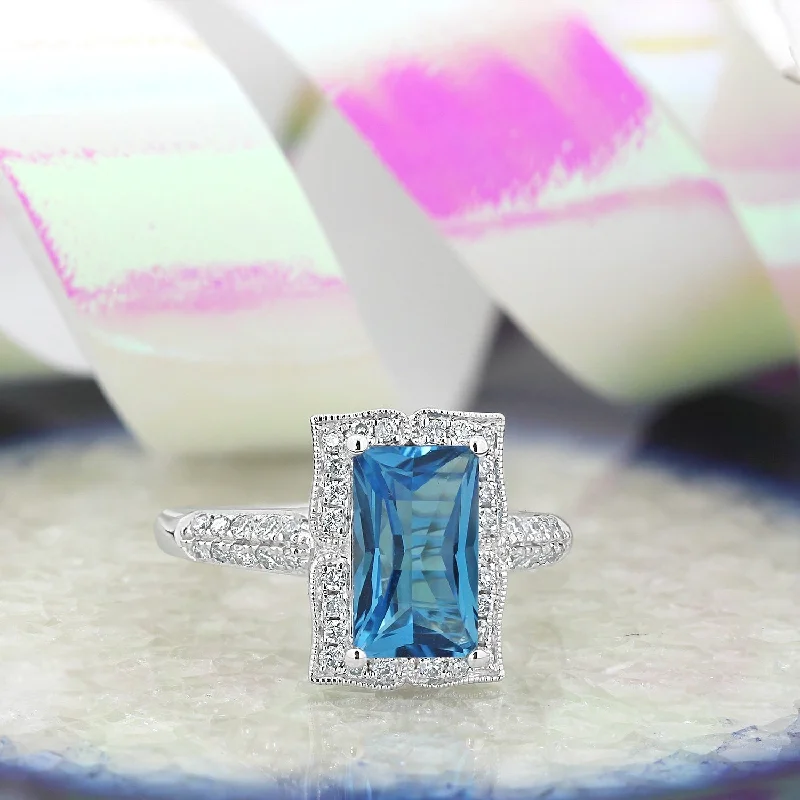 men’s signet rings-Auriya Vintage 2 5/8ct Emerald-cut Swiss-Blue Topaz and Halo Diamond Engagement Ring 1/3ctw 14k Gold