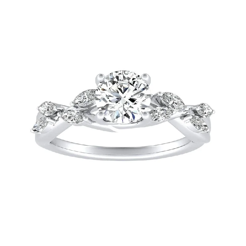 sterling silver rings-Auriya Vintage Floral 1/2ct Moissanite and 1/3ctw Marquise Diamond Engagement Ring 14K Gold