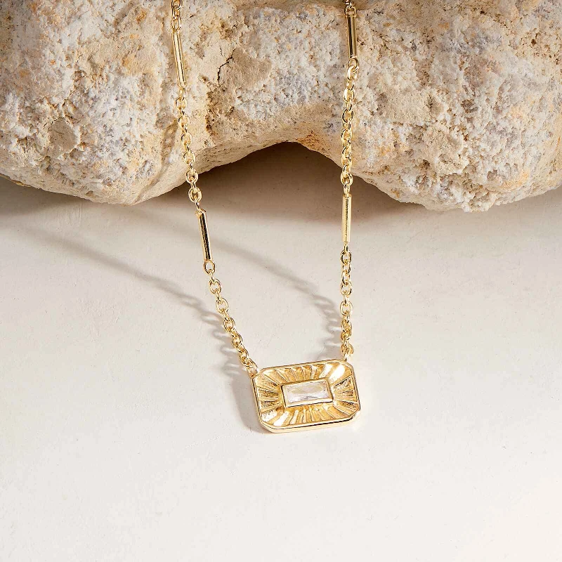 gold necklace for women -Baguette Sunburst Pendant Necklace