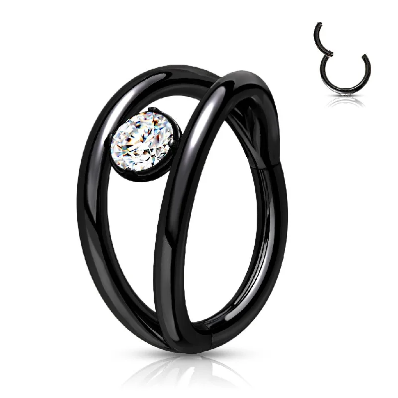 colorful gemstone rings-Black Jewelled Double Hoop Hinged Segment Ring - E504C